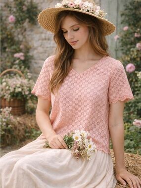 Handmade Pink Lace Floral Blouse Womens Small Cottagecore Vintage Style
